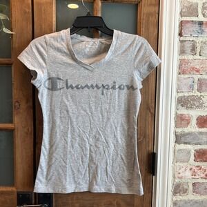 Champion Womens Heather Gray Double Dry‎ V Neck Short Sleeve T Shirt Size S